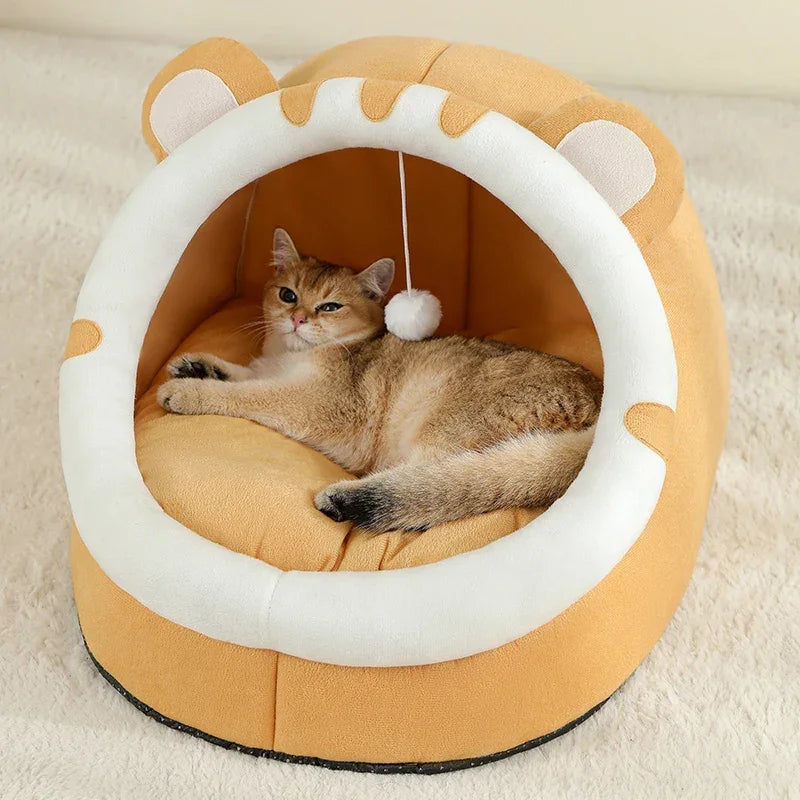 Cosy Cotton Cave Cat Bed with Hanging Toy - All Seasons Comfort