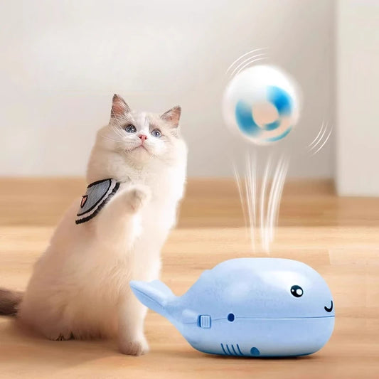 Whale-Shaped Interactive Cat Toy with Floating Ball & USB Fan