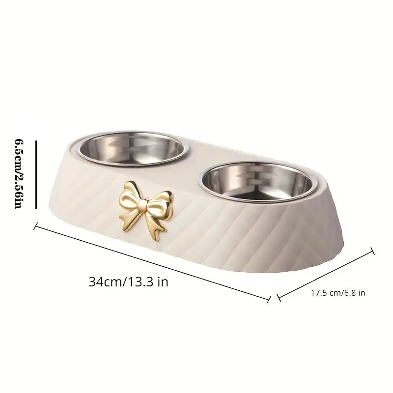 Elegant Double Pet Bowl with Stainless Steel & Bowknot Design