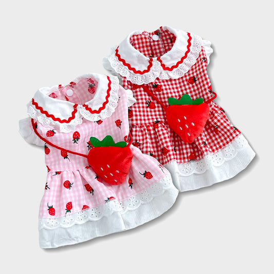 Charming Strawberry Plaid Dress for Small Dogs & Cats