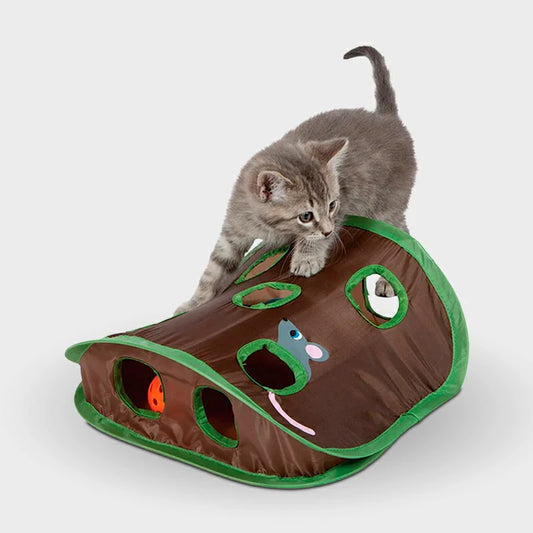 Interactive Cat Tunnel Toy with Bell and Mouse Holes