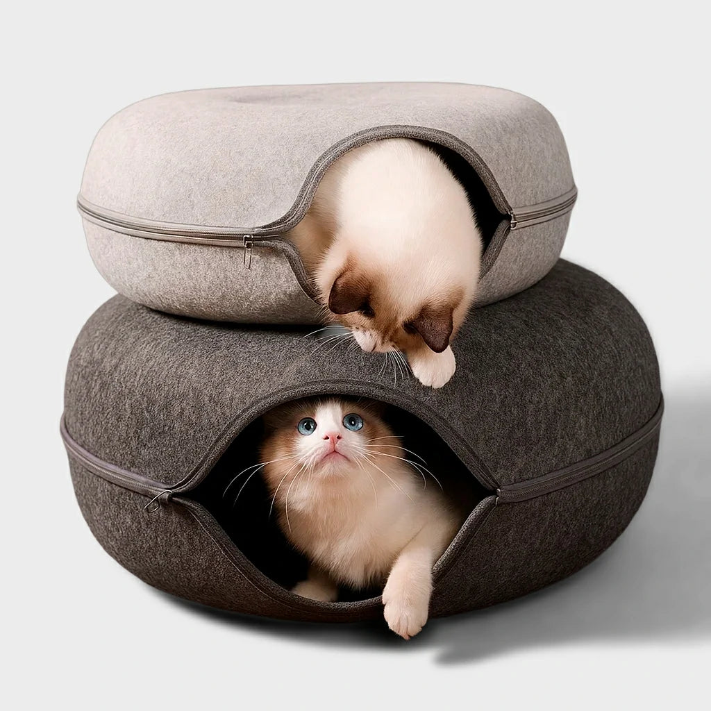 Cozy Felt Donut Cat Bed with Interactive Tunnel