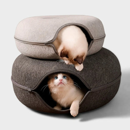 Cozy Felt Donut Cat Bed with Interactive Tunnel