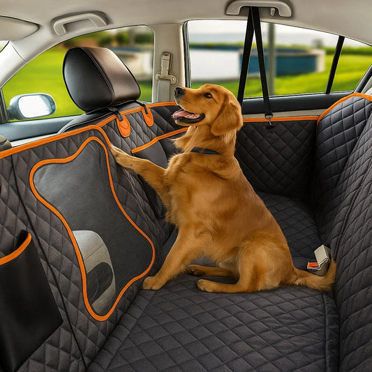 TravelGuard Pro – Premium Waterproof Rear Seat Cover with Mesh Window & Safety Belt