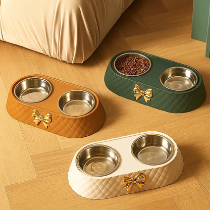 Elegant Double Pet Bowl with Stainless Steel & Bowknot Design