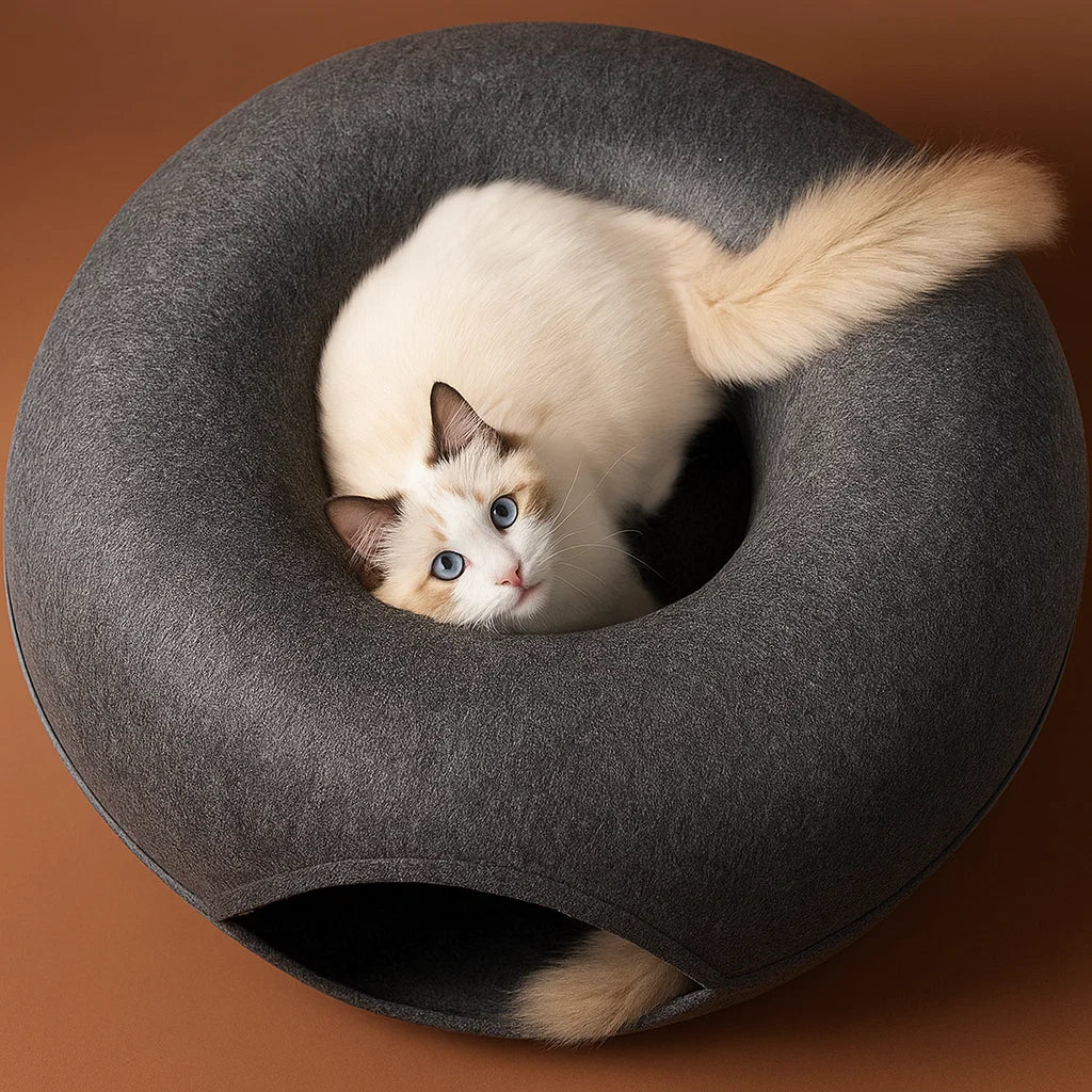 Cozy Felt Donut Cat Bed with Interactive Tunnel