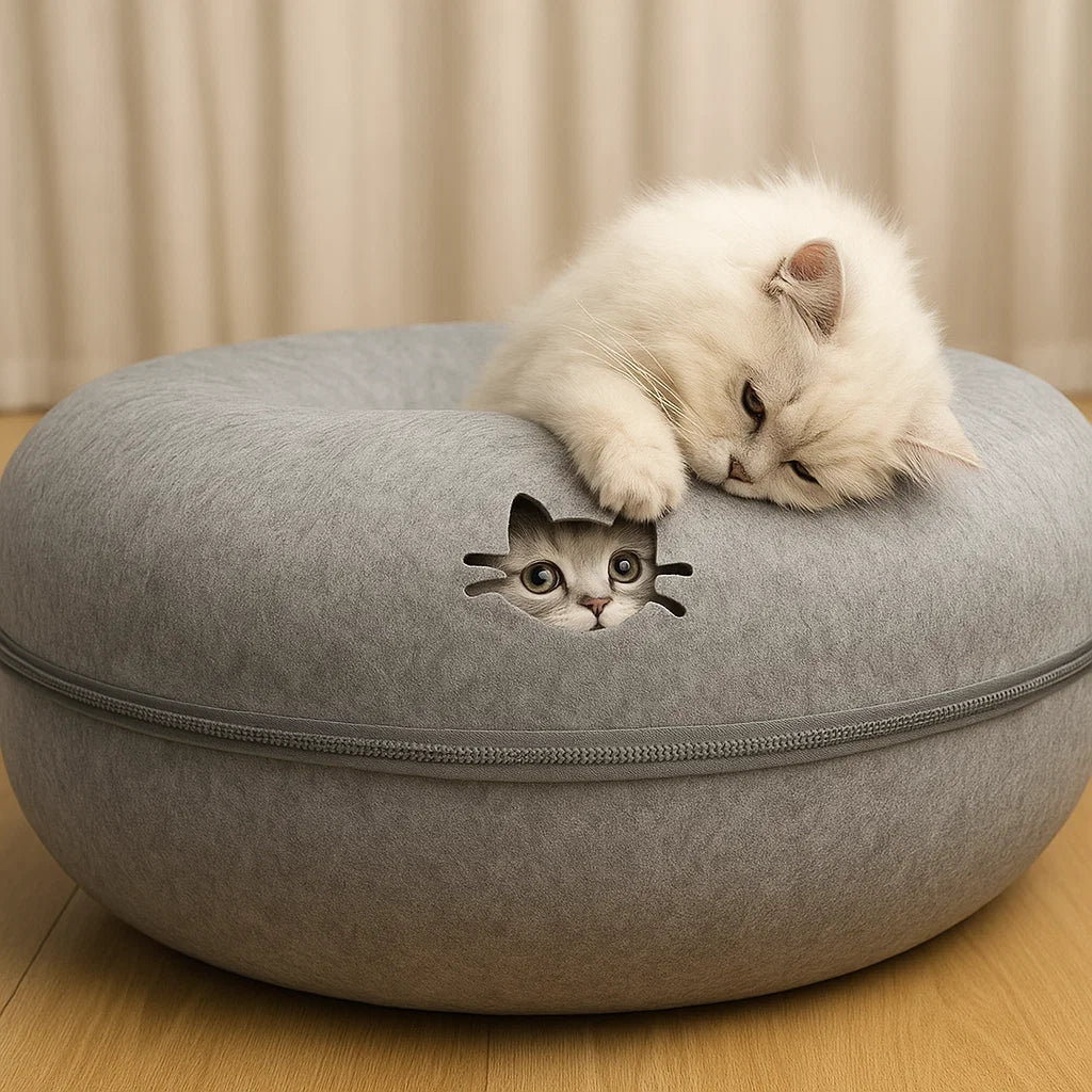 Cozy Felt Donut Cat Bed with Interactive Tunnel