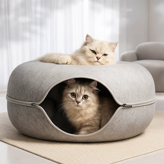 Cozy Felt Donut Cat Bed with Interactive Tunnel