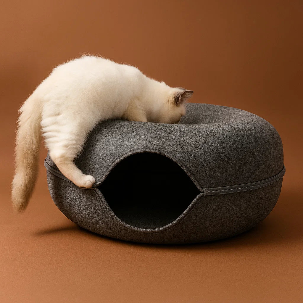 Cozy Felt Donut Cat Bed with Interactive Tunnel