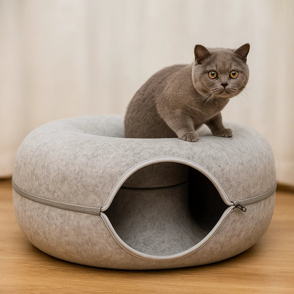 Cozy Felt Donut Cat Bed with Interactive Tunnel