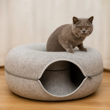 Cozy Felt Donut Cat Bed with Interactive Tunnel