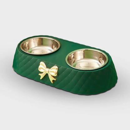Elegant Double Pet Bowl with Stainless Steel & Bowknot Design