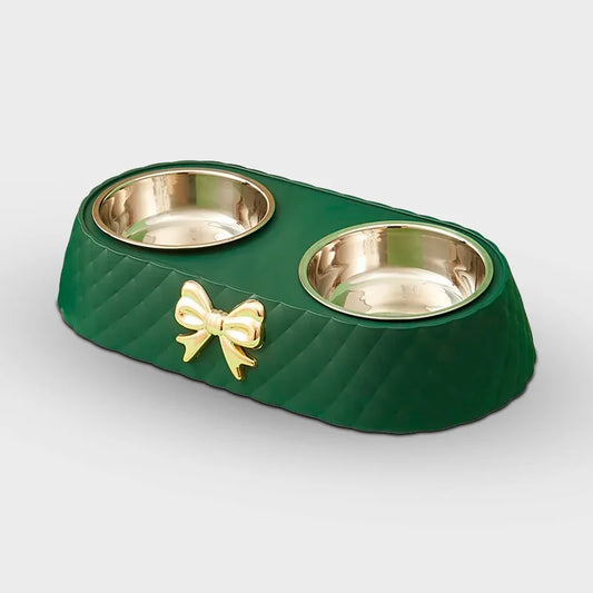 Elegant Double Pet Bowl with Stainless Steel & Bowknot Design