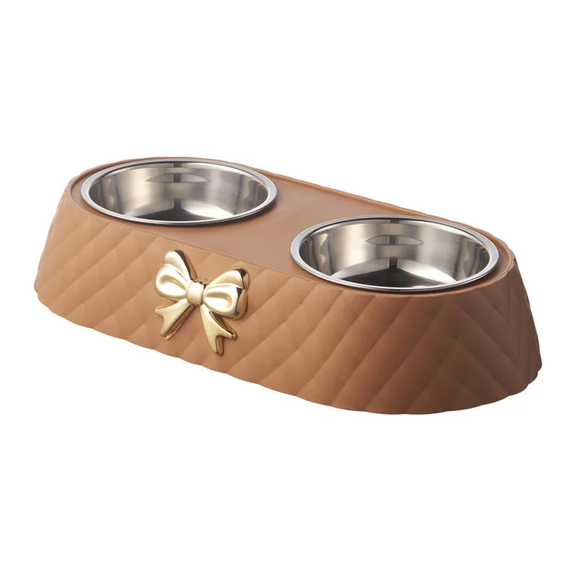 Elegant Double Pet Bowl with Stainless Steel & Bowknot Design