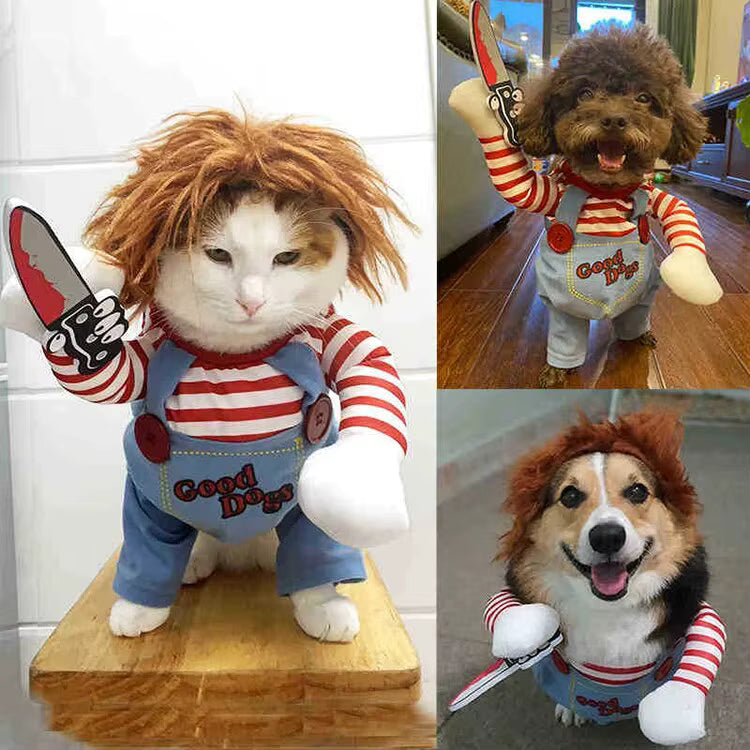 Killer Pet Costume - Funny & Safe Jumpsuit with Foam Knife for Dogs & Cats