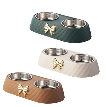 Elegant Double Pet Bowl with Stainless Steel & Bowknot Design