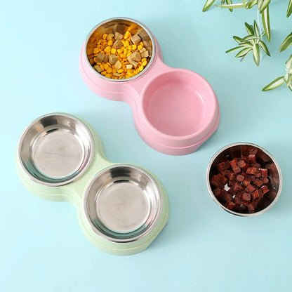 Dual Stainless Steel Pet Feeder Bowls for Cats & Small Dogs
