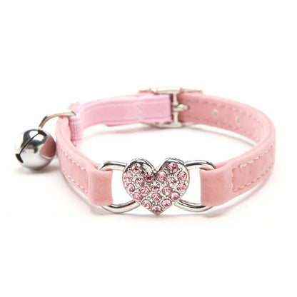 Elegant Heart Charm Velvet Cat Collar with Bell - 8 Colors