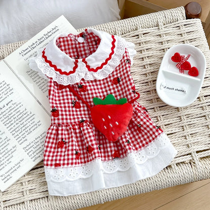 Charming Strawberry Plaid Dress for Small Dogs & Cats