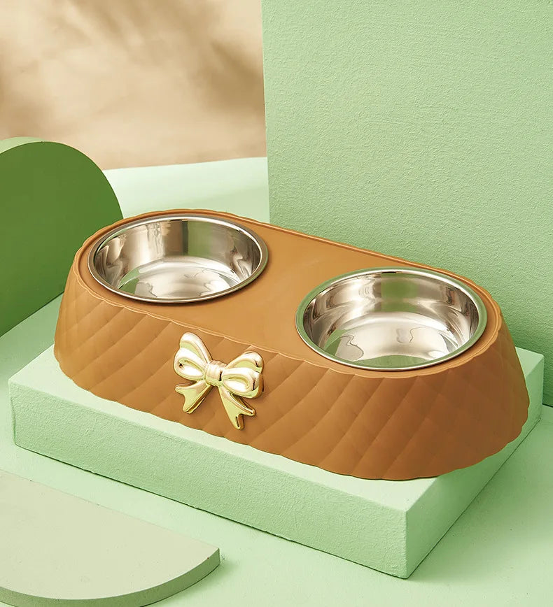 Elegant Double Pet Bowl with Stainless Steel & Bowknot Design