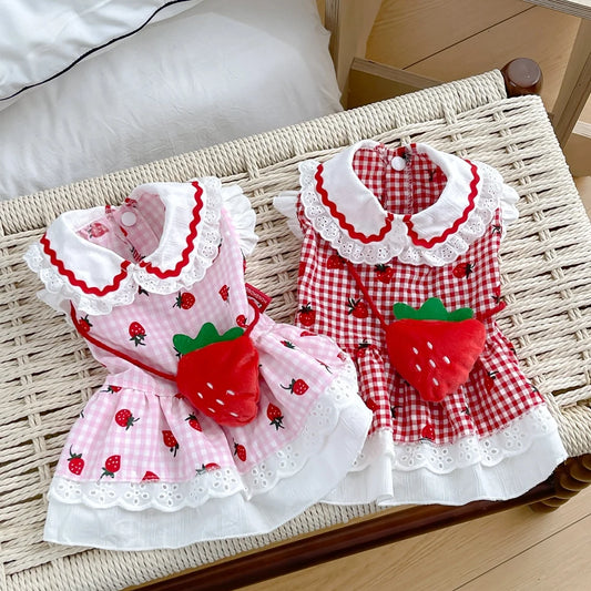 Charming Strawberry Plaid Dress for Small Dogs & Cats