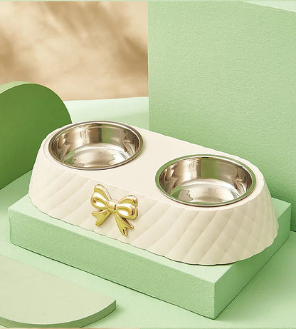 Elegant Double Pet Bowl with Stainless Steel & Bowknot Design