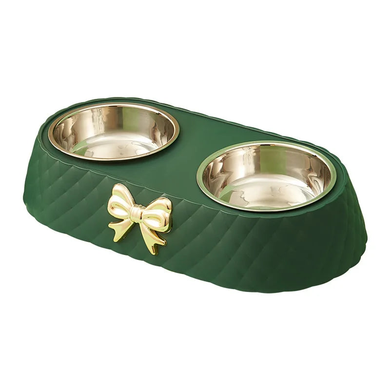 Elegant Double Pet Bowl with Stainless Steel & Bowknot Design