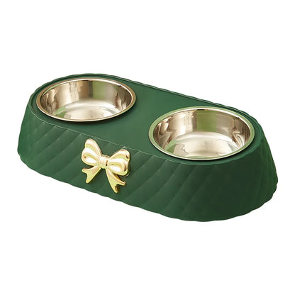 Elegant Double Pet Bowl with Stainless Steel & Bowknot Design