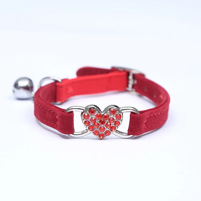 Elegant Heart Charm Velvet Cat Collar with Bell - 8 Colors