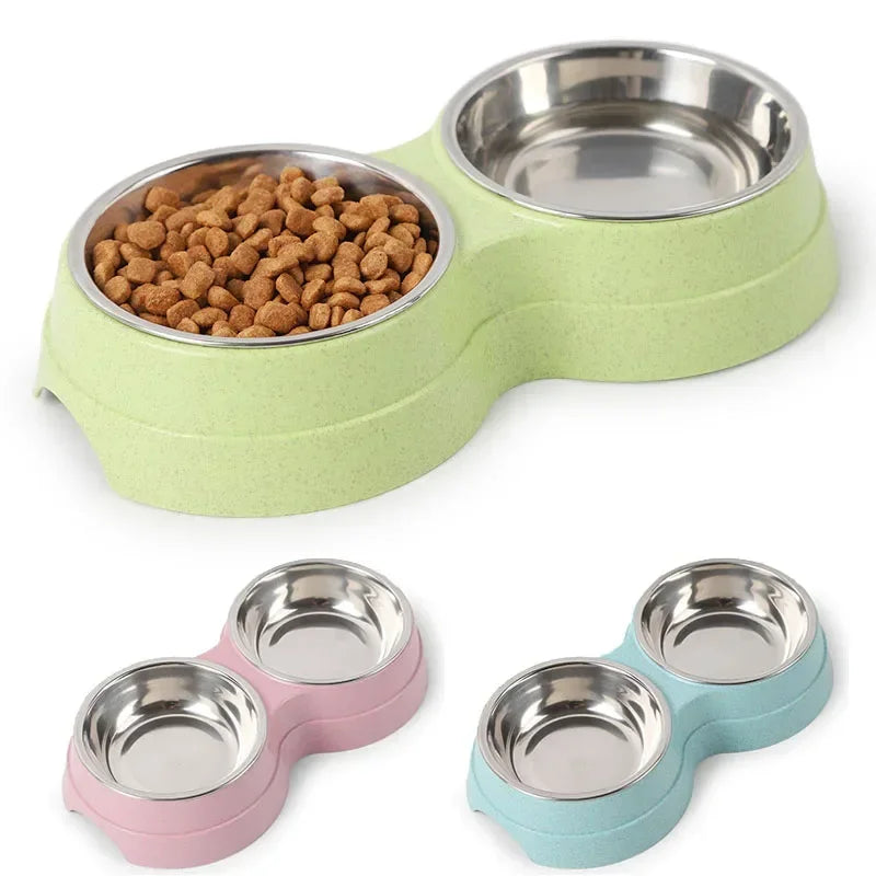 Dual Stainless Steel Pet Feeder Bowls for Cats & Small Dogs