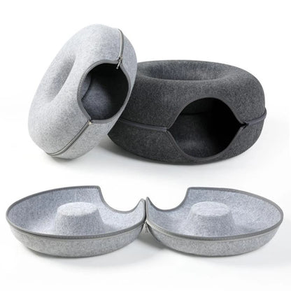 Cozy Felt Donut Cat Bed with Interactive Tunnel