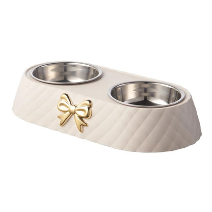 Elegant Double Pet Bowl with Stainless Steel & Bowknot Design