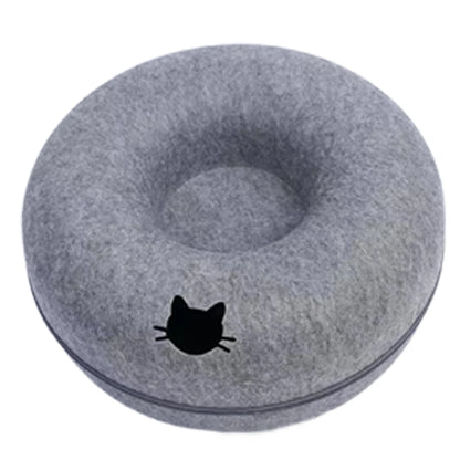 Cozy Felt Donut Cat Bed with Interactive Tunnel