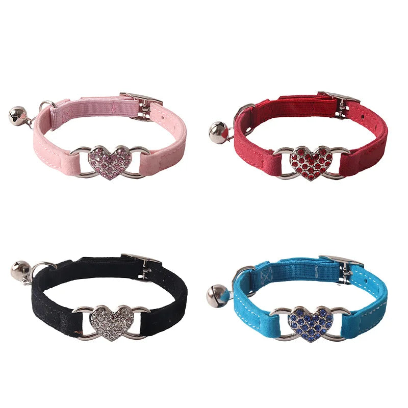 Elegant Heart Charm Velvet Cat Collar with Bell - 8 Colors