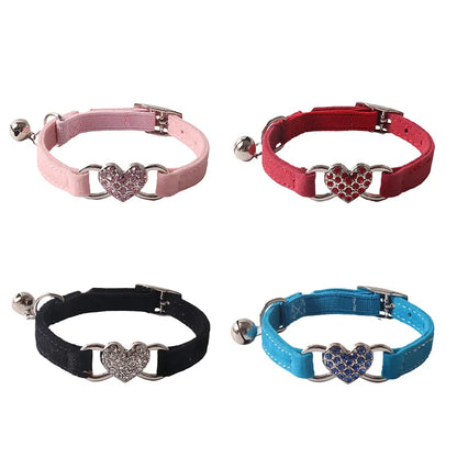 Elegant Heart Charm Velvet Cat Collar with Bell - 8 Colors