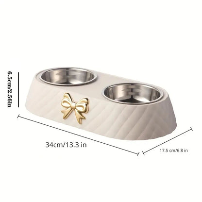 Elegant Double Pet Bowl with Stainless Steel & Bowknot Design