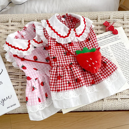 Charming Strawberry Plaid Dress for Small Dogs & Cats