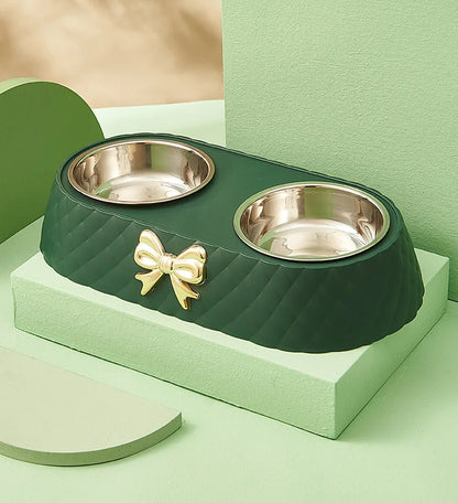 Elegant Double Pet Bowl with Stainless Steel & Bowknot Design