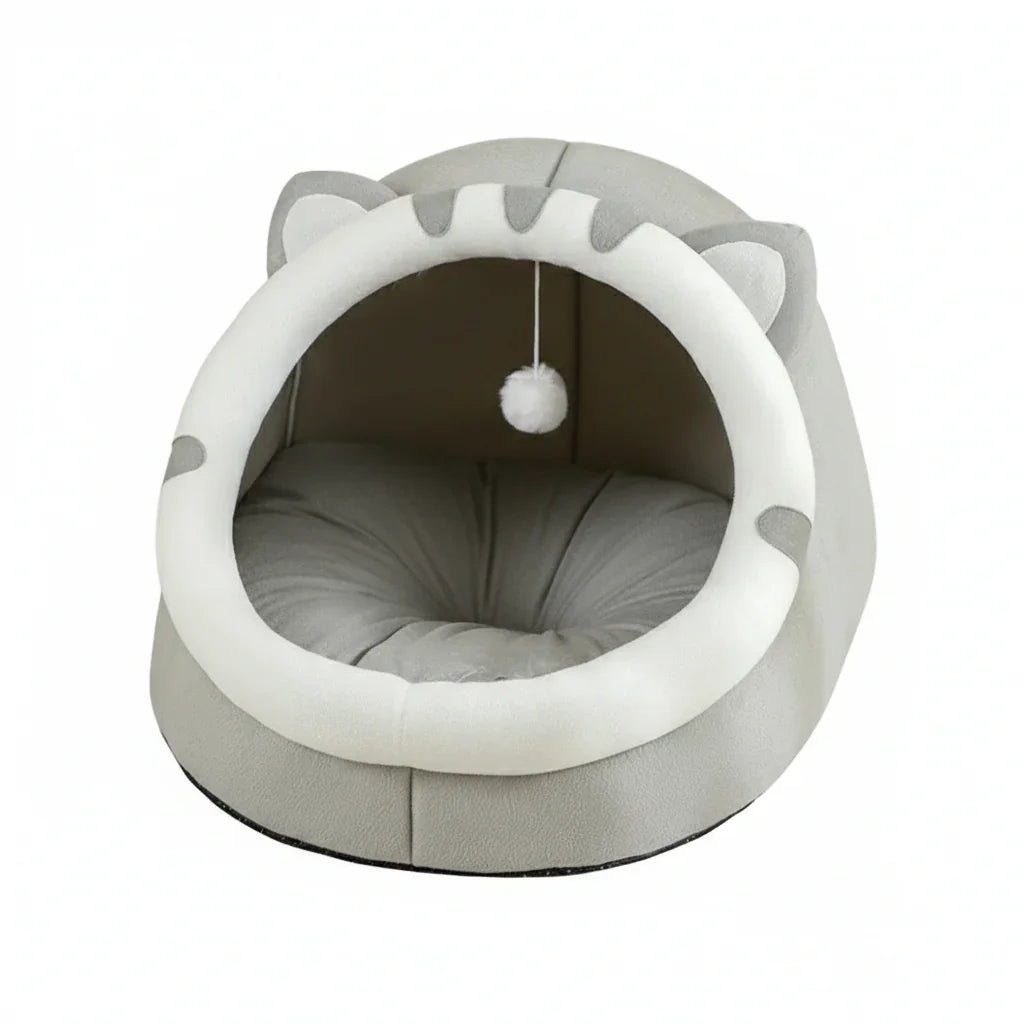 Cosy Cotton Cave Cat Bed with Hanging Toy - All Seasons Comfort