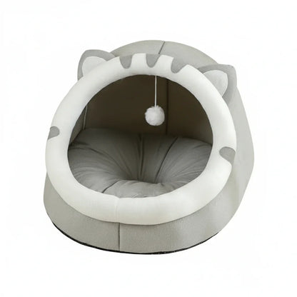 Cosy Cotton Cave Cat Bed with Hanging Toy - All Seasons Comfort