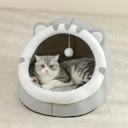 Cosy Cotton Cave Cat Bed with Hanging Toy - All Seasons Comfort