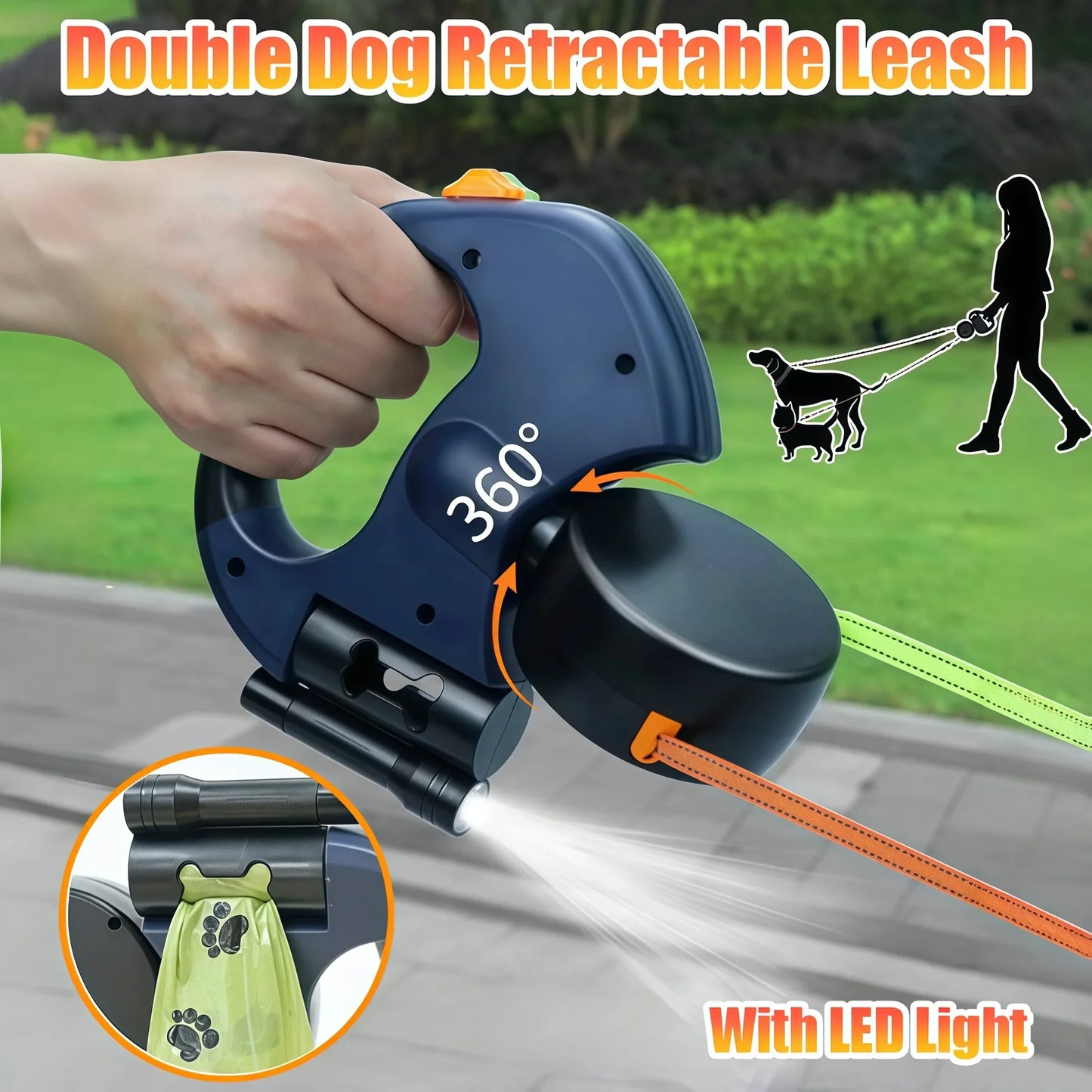 DualWalk Pro – Dual Retractable Dog Lead with LED Light & 360° Swivel