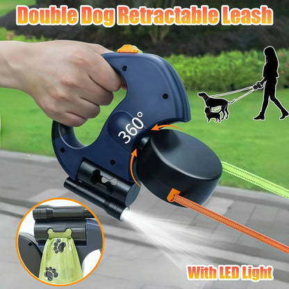 DualWalk Pro – Dual Retractable Dog Lead with LED Light & 360° Swivel